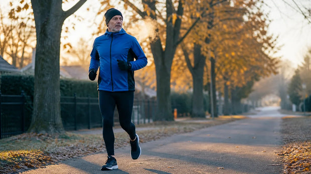 Middle-aged recreational runner beginning a run on a cold fall morning