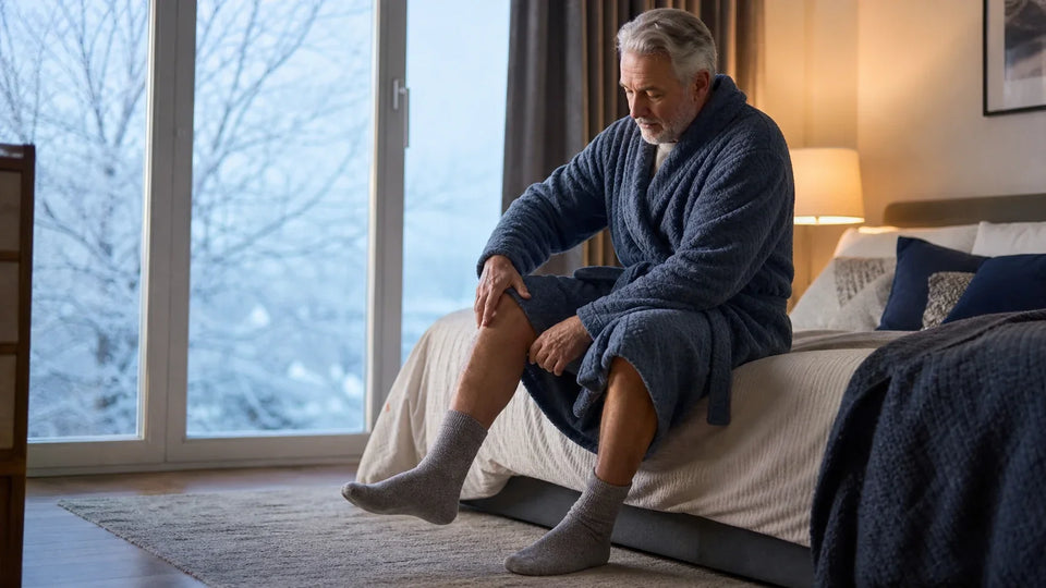 Adult gently moving a stiff knee beside a window on a cold winter morning