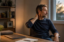 Man taking a neck break after closing his laptop at the end of the workday