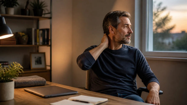 Man taking a neck break after closing his laptop at the end of the workday