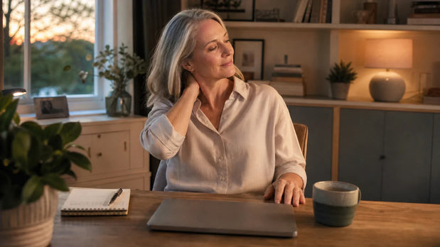 Adult taking a calm evening break and gently checking comfortable neck movement at home