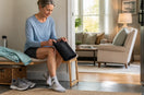 Adult choosing between a compression sleeve for activity and a seated knee comfort routine