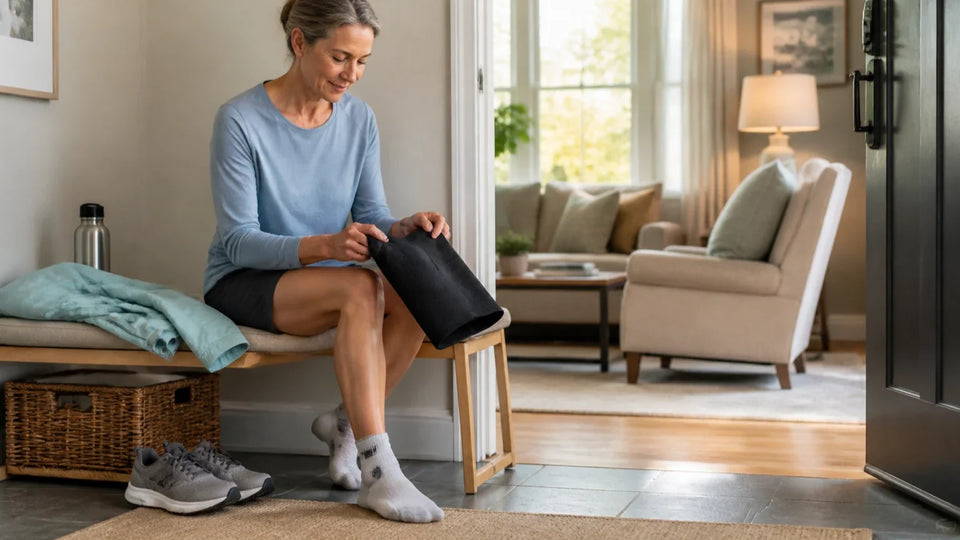 Adult choosing between a compression sleeve for activity and a seated knee comfort routine