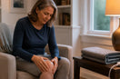 Adult preparing a simple evening knee comfort routine beside a reading chair
