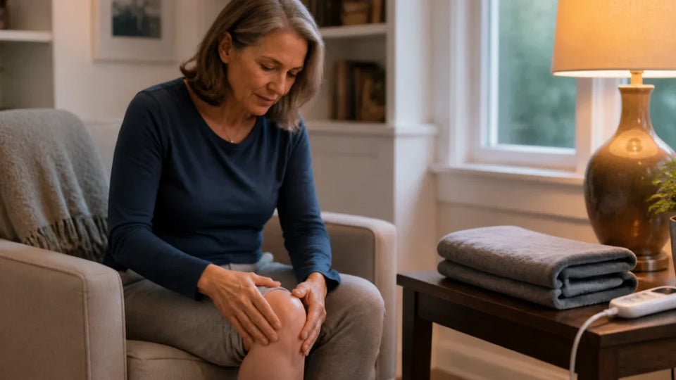Adult preparing a simple evening knee comfort routine beside a reading chair
