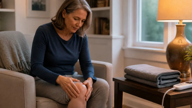 Adult preparing a simple evening knee comfort routine beside a reading chair