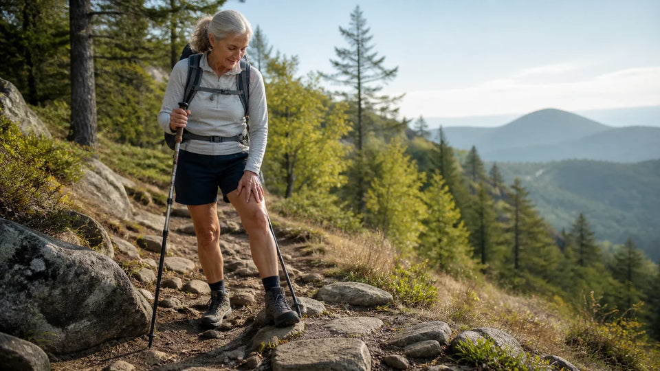 Older hiker pausing thoughtfully during a downhill trail section