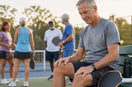 Older pickleball player noticing knee soreness after an enjoyable game
