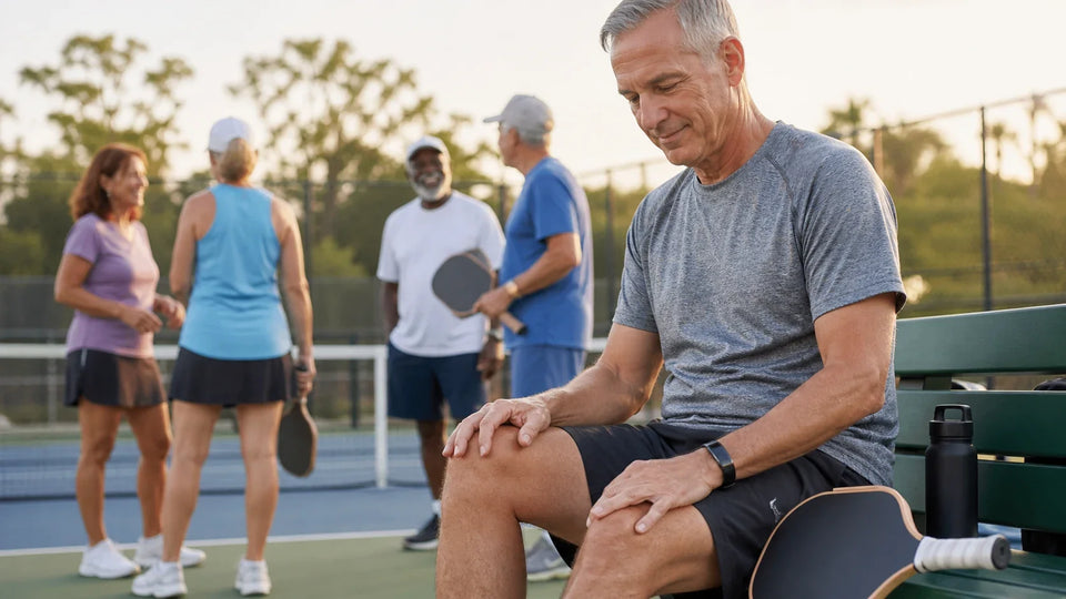 Older pickleball player noticing knee soreness after an enjoyable game