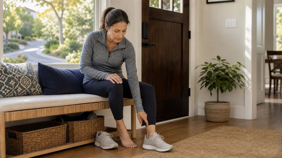 Woman noticing knee discomfort after returning home from a neighborhood walk