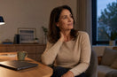 Office worker beginning a calm evening reset after closing her laptop