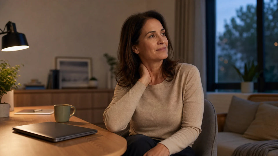 Office worker beginning a calm evening reset after closing her laptop