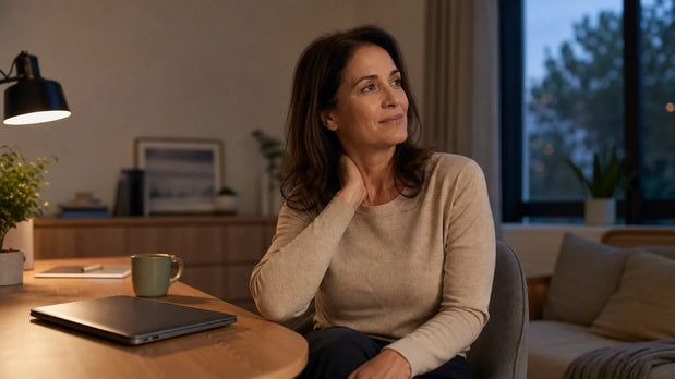 Office worker beginning a calm evening reset after closing her laptop
