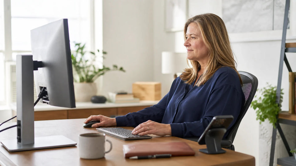 Home-office worker using a clear, comfortable desk setup