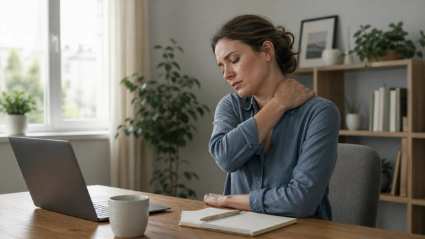 Office worker holding her stiff, aching neck after prolonged laptop work