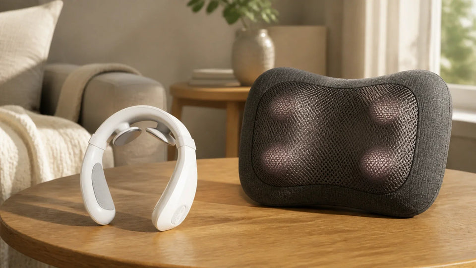 TENS neck massager and Shiatsu massage pillow shown side by side