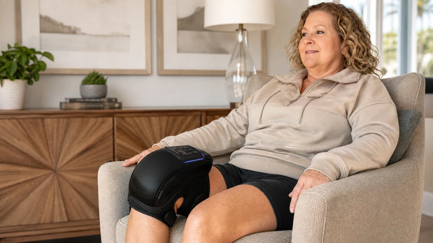 Adult using the FORTHiQ Knee Massager Pro+ during a calm seated vibration routine