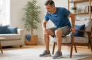 Middle-aged adult using a chair arm while rising with both feet planted