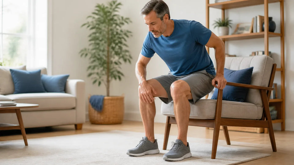 Middle-aged adult using a chair arm while rising with both feet planted