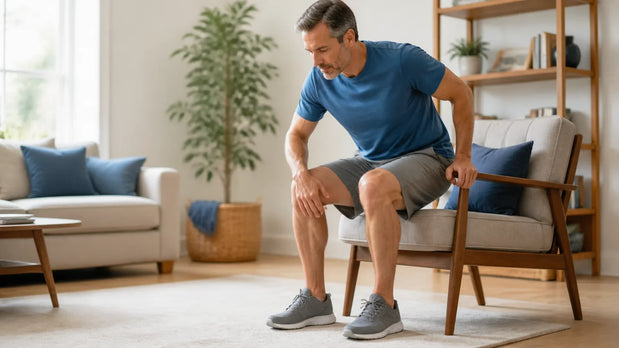 Middle-aged adult using a chair arm while rising with both feet planted