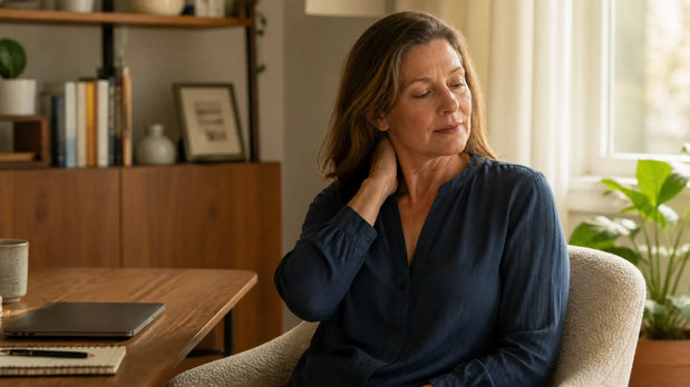 Woman taking a calm neck break beside a closed laptop after work