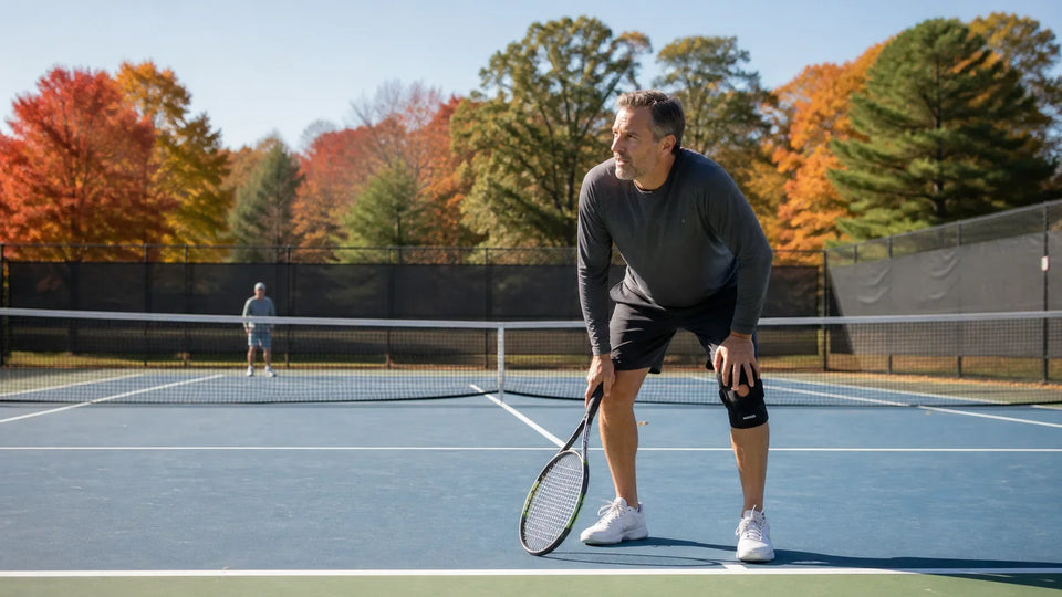 Middle-aged recreational tennis player noticing knee soreness during a fall match