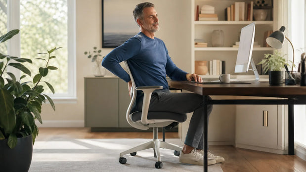 Adult seated at a desk with the knee bent around 90 degrees