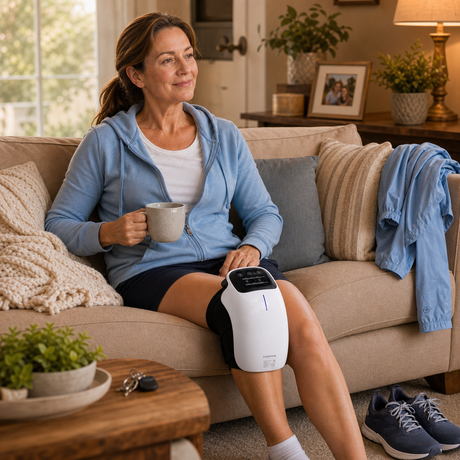 forthiq-knee-massager daily stiffness relief on sofa after a walk