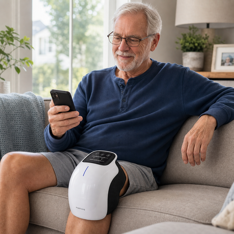 forthiq-knee-massager senior mobility support while relaxing with a phone