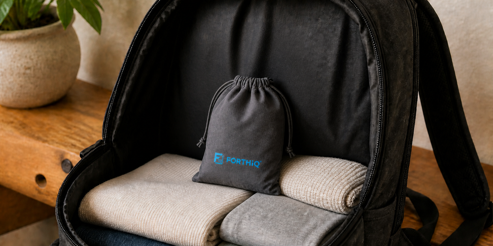 FORTHiQ travel pouch inside a backpack