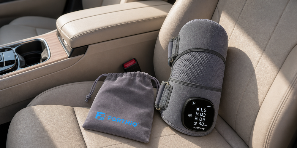 FORTHiQ RED+ and travel pouch on a car seat