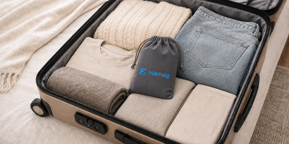 FORTHiQ travel pouch packed in a suitcase
