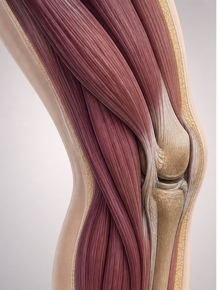 Before vibration massage: guarded tight muscles around the knee after walking or standing