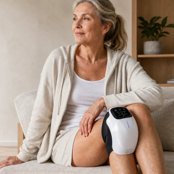 Woman using FORTHiQ Knee Massager Smart while relaxing at home