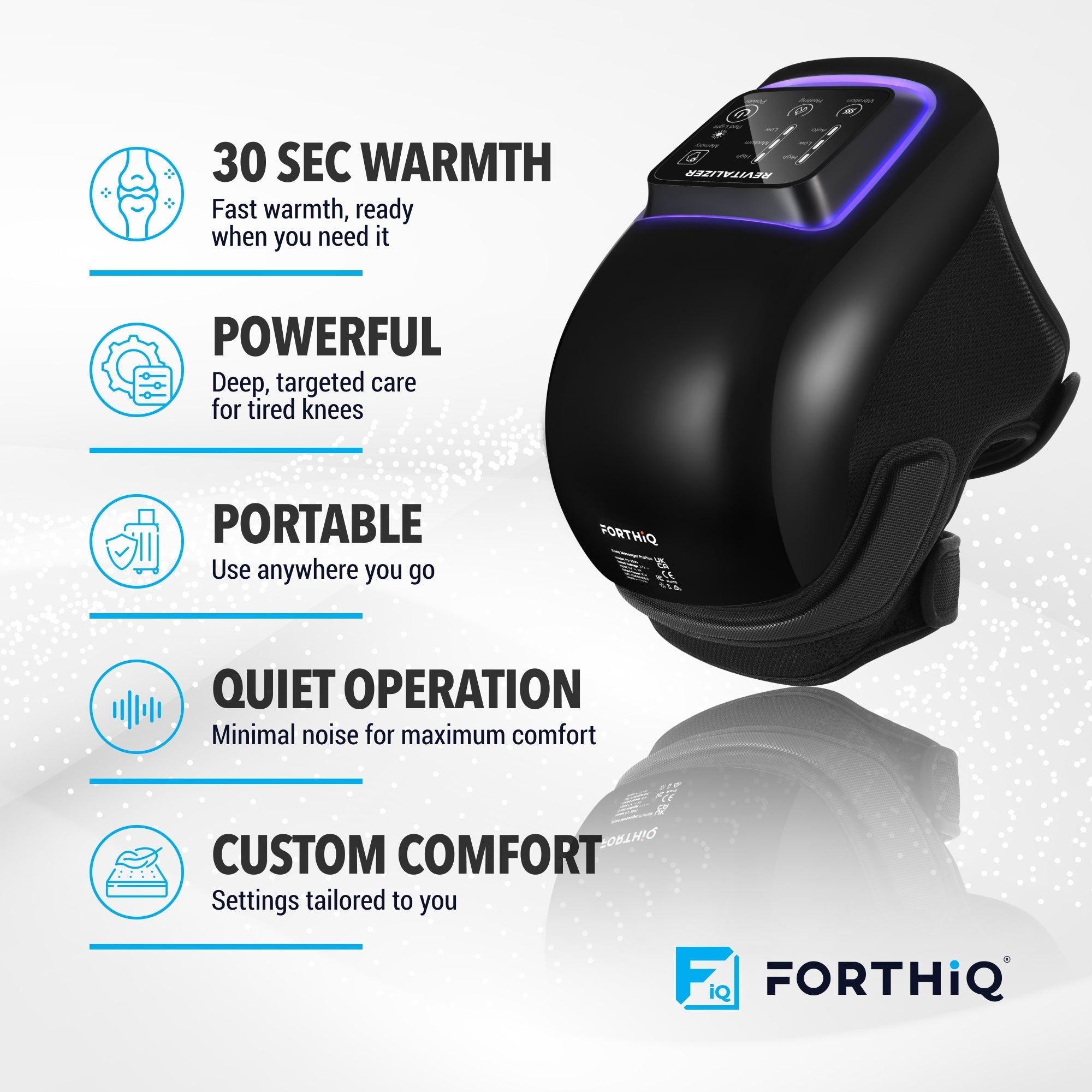 Black FORTHiQ Knee Massager Pro+ close-up on white background with benefits