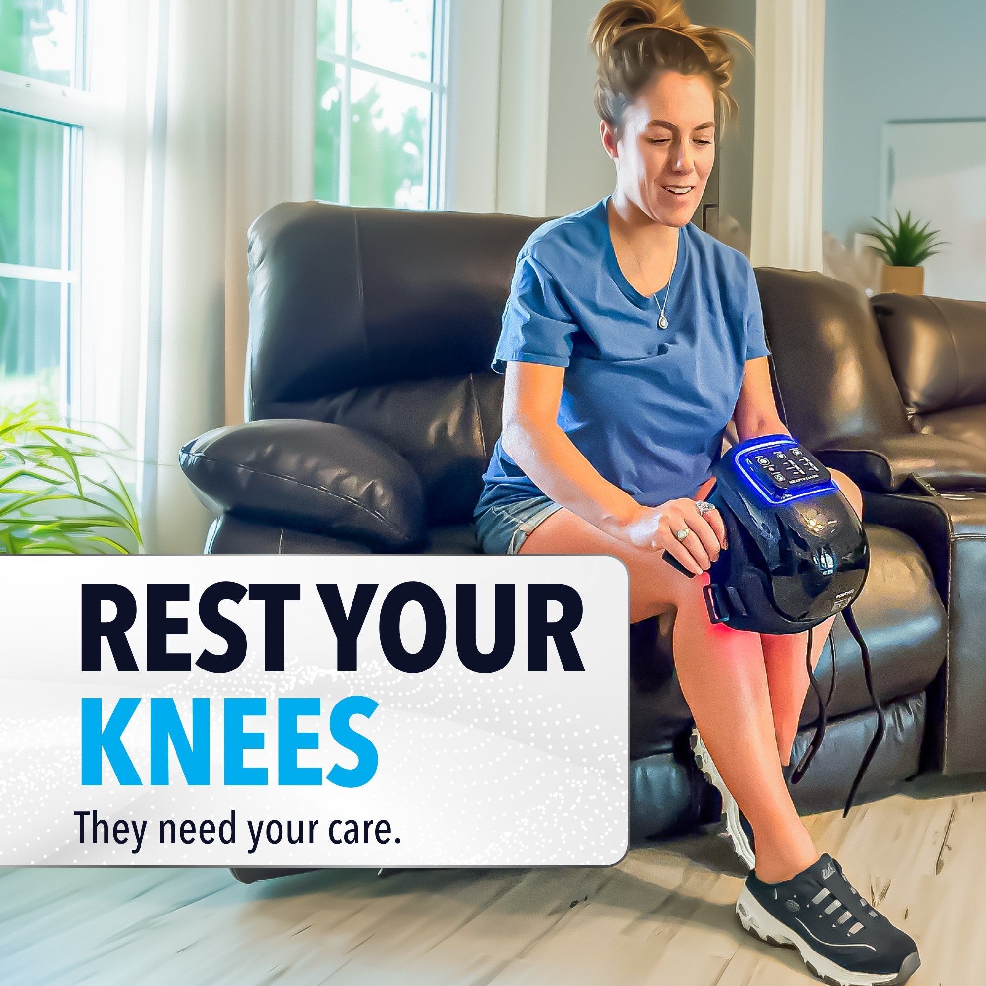 FORTHiQ Knee Massager Pro+ shown on knee with control panel