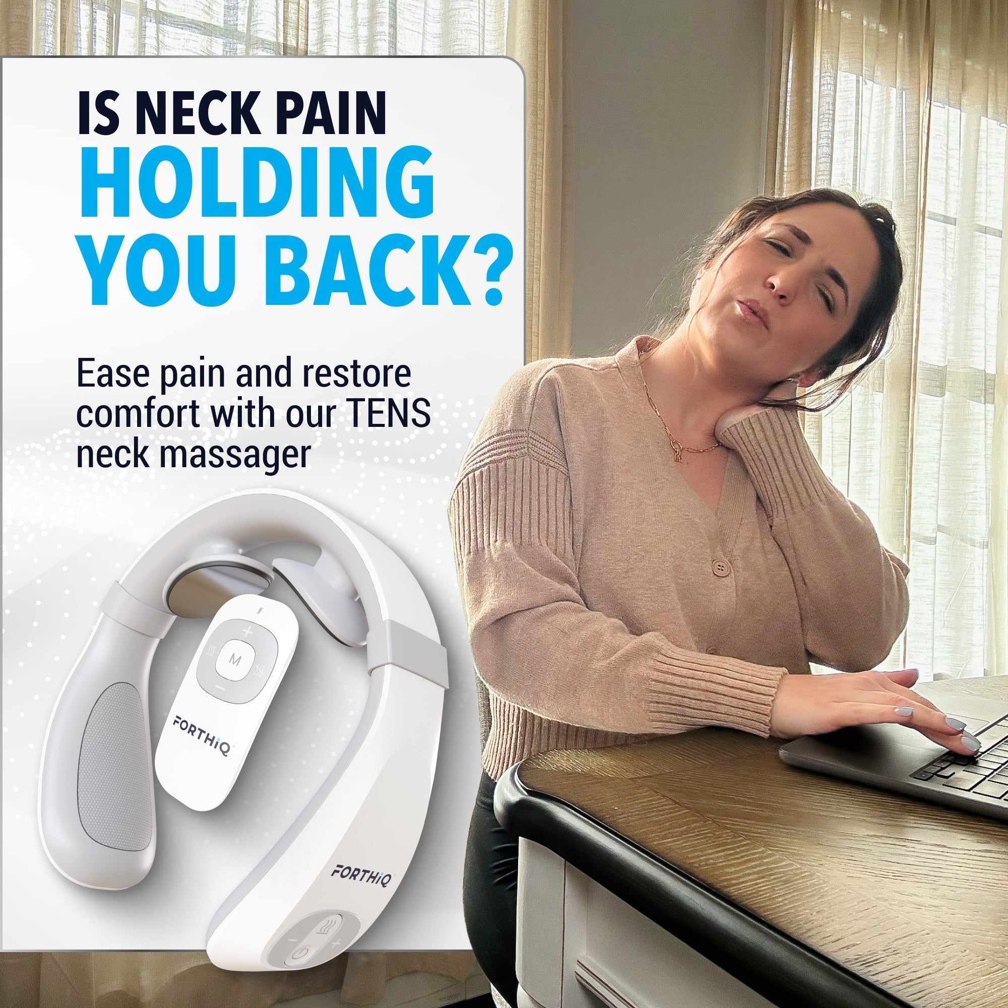 Person using FORTHiQ TENS neck massager for pain relief at home