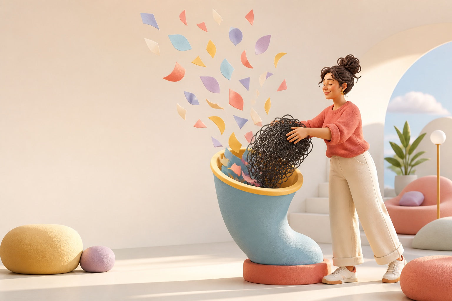 A person releasing a tangled ball of frustration into a playful chute as it turns into colourful floating shapes